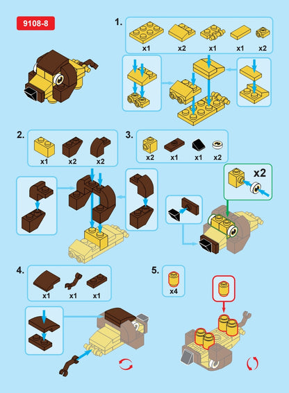Block assembly instructions on a blue background