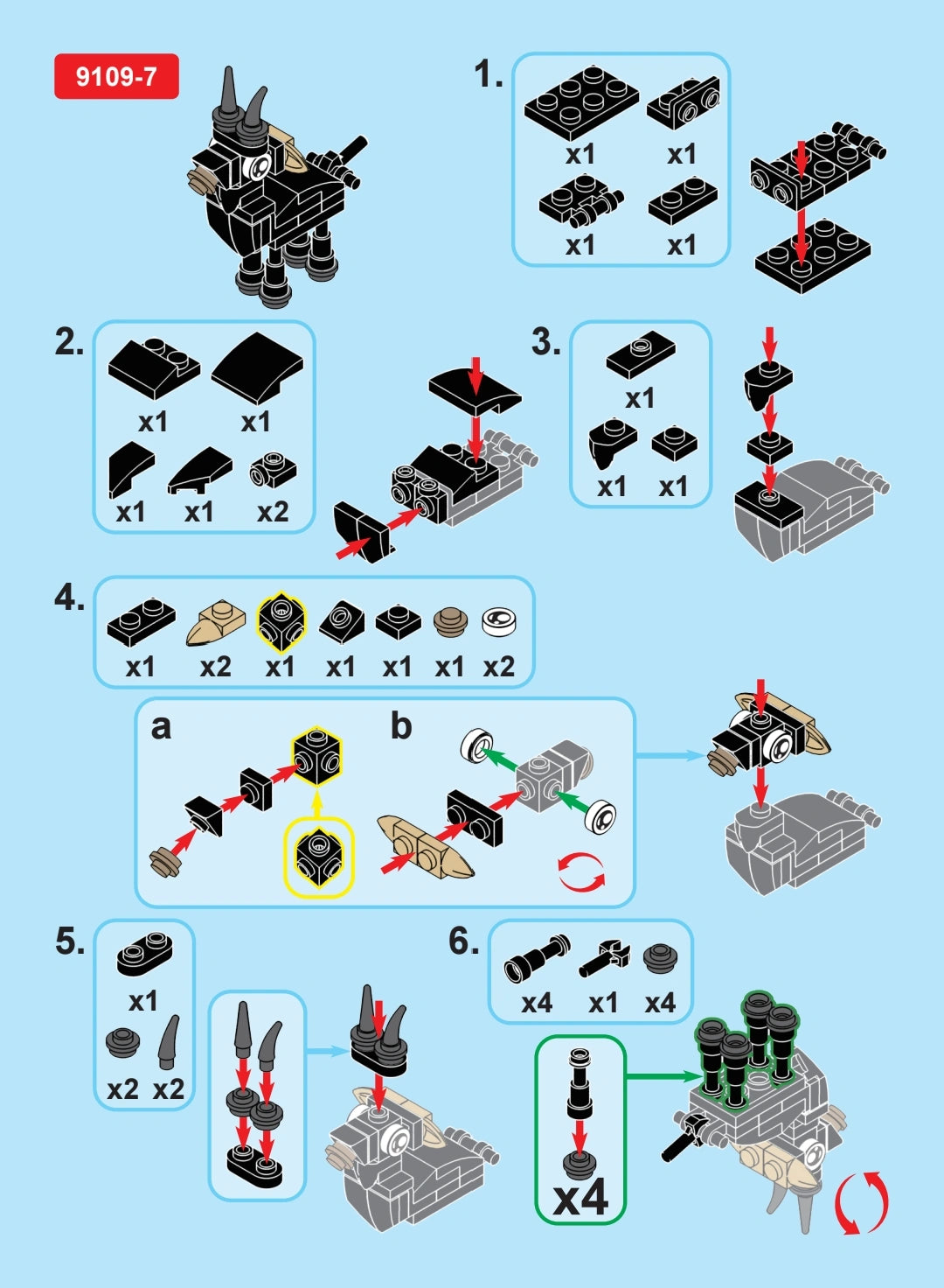 Step-by-step assembly instructions for a toy vehicle on a blue background