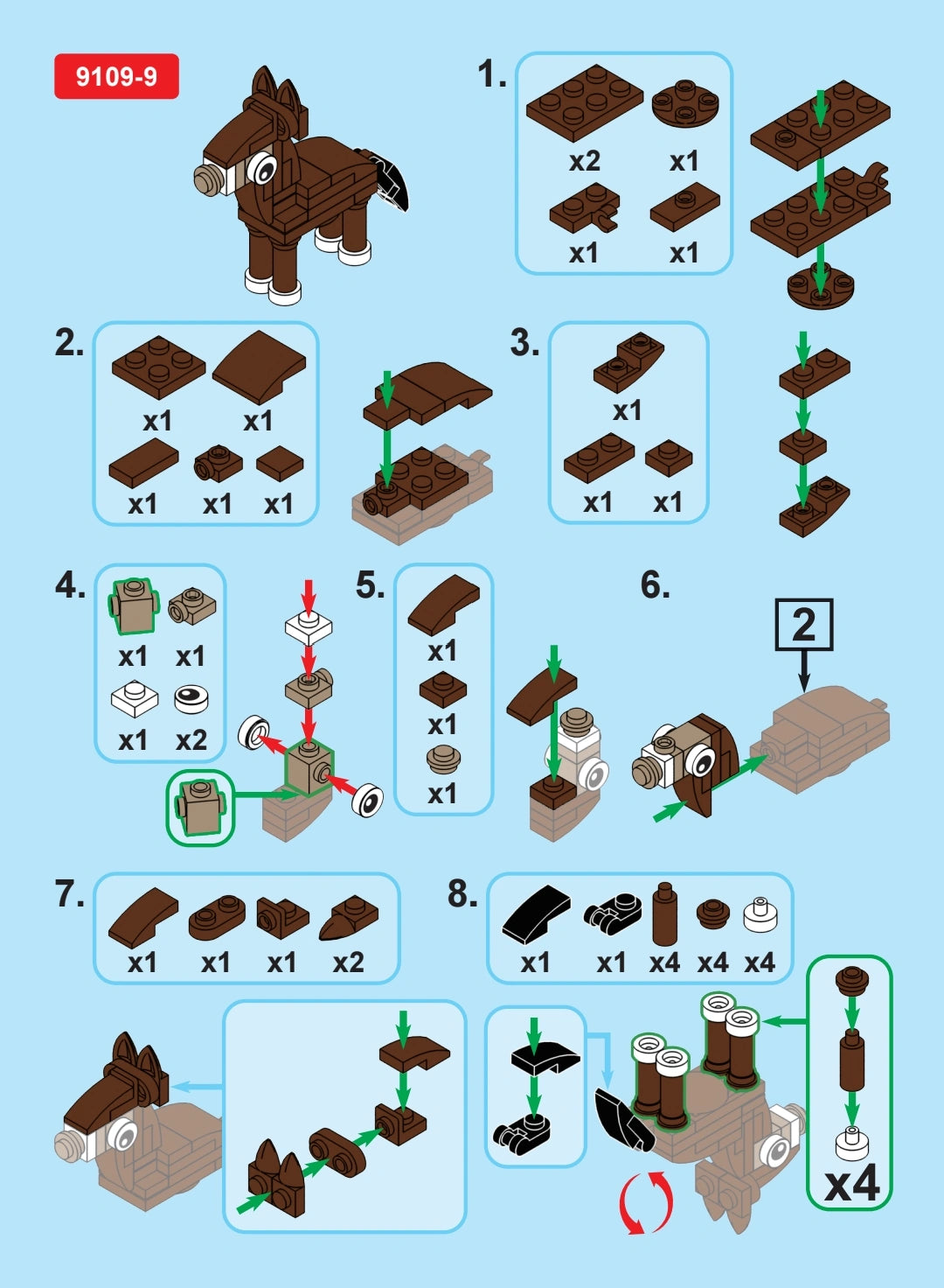 Step-by-step assembly instructions for building a horse figure using interlocking bricks on a blue background.