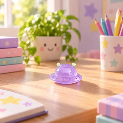 Miniature Glow Alien Saucer Assorted (1pc) displayed on a study table