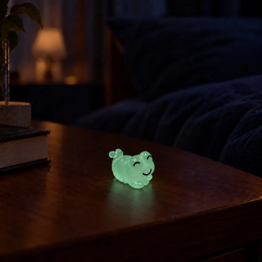 Miniature Glow Cute Resin Frog Assorted (1pc) glowing on a wooden table in a dark setting