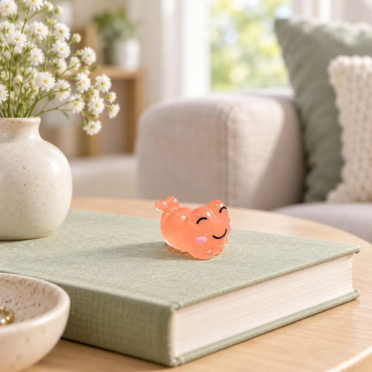 Miniature Glow Cute Resin Frog Assorted (1pc) displayed on a book near a window