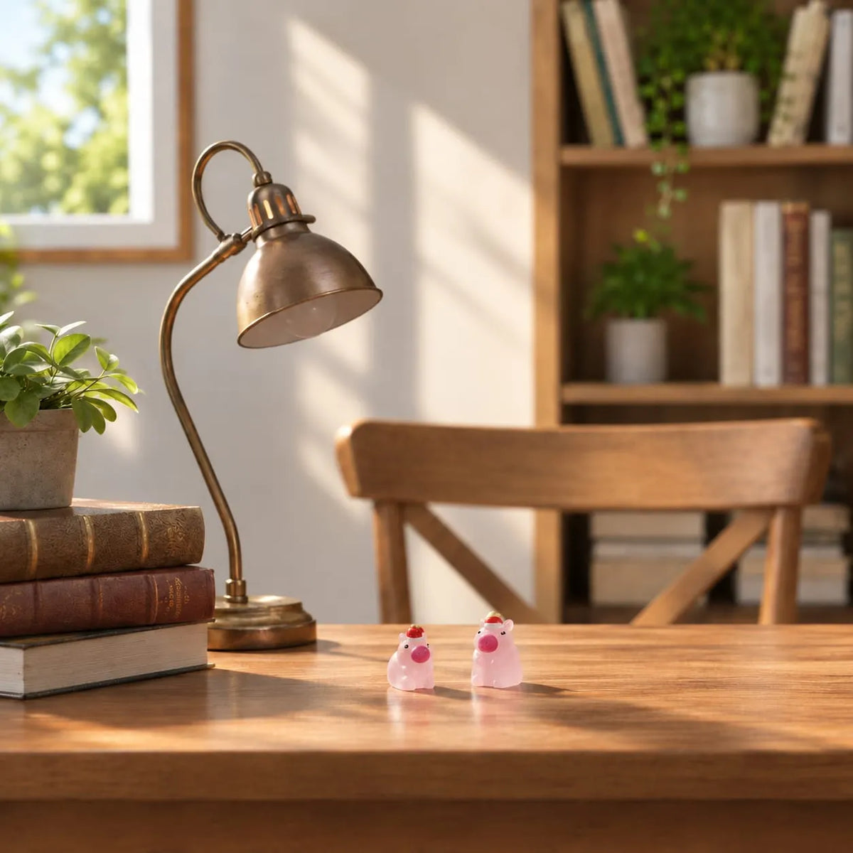 Miniature Glow Cute Pig Assorted (1pc) displayed on a wooden desk near a window