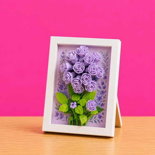 Lavender Rose Flower Frame Building Block (1Pc) displayed on a pink background