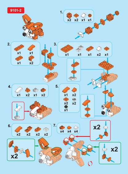 Step-by-step building instructions for a toy vehicle on a blue background
