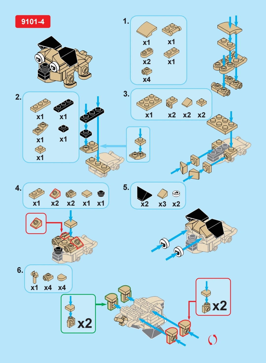 Step-by-step assembly instructions for a toy vehicle model on a blue background