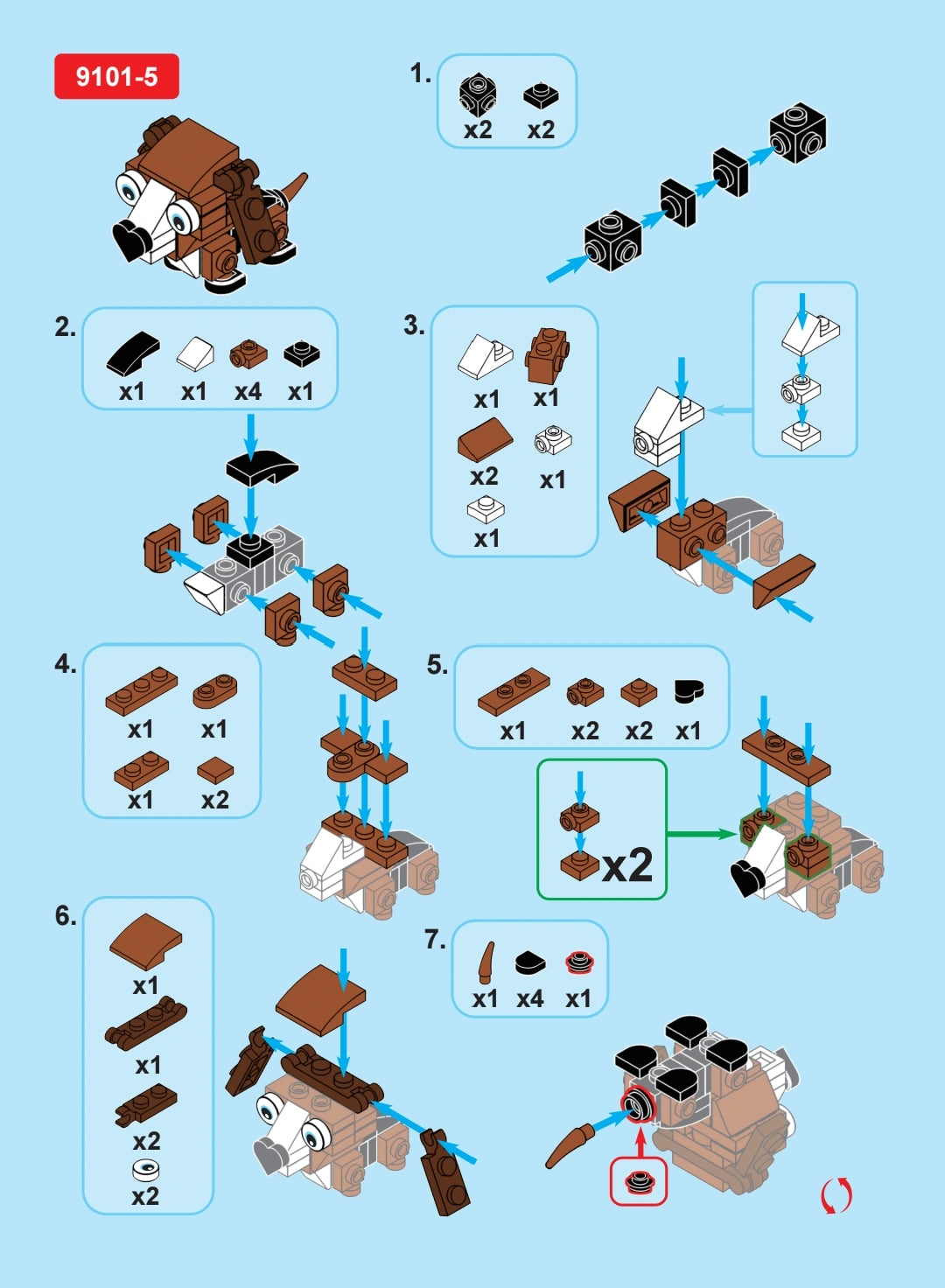 Step-by-step assembly guide for a toy figure using building blocks on a blue background