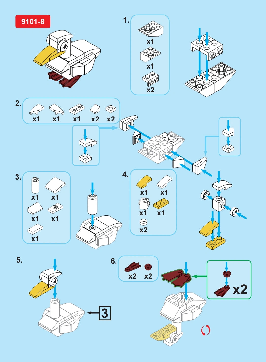 Blocks assembly instruction sheet with step-by-step diagrams on a blue background