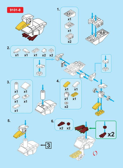 Blocks assembly instruction sheet with step-by-step diagrams on a blue background