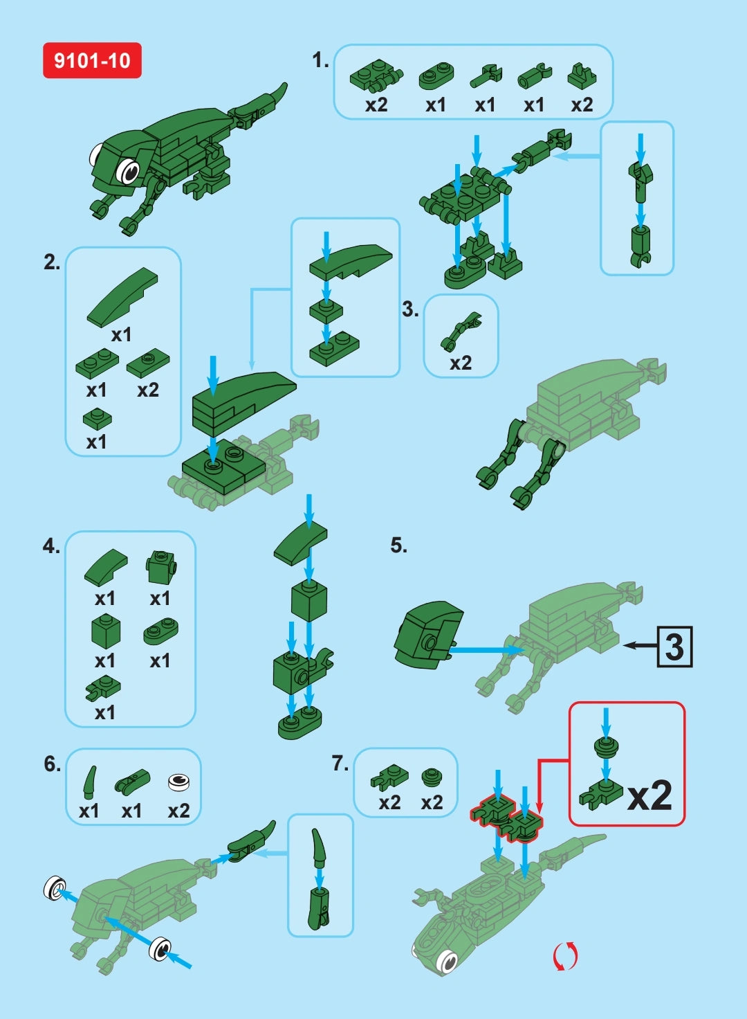 Step-by-step assembly diagram for building a green toy vehicle using small parts on a blue background.