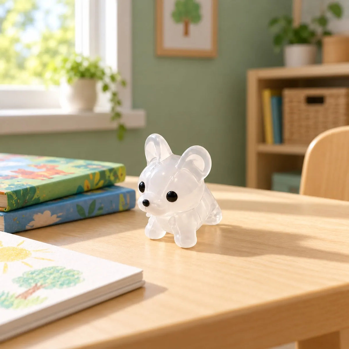 Miniature Glow Mini Dogs Assorted (1pc) displayed on a wooden table with books