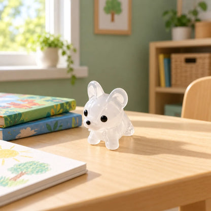 Miniature Glow Mini Dogs Assorted (1pc) displayed on a wooden table with books