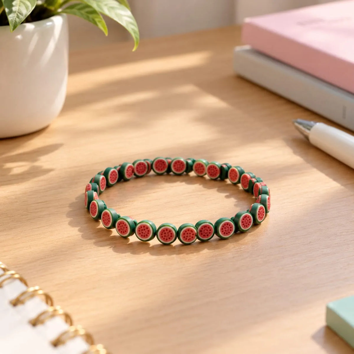 Miniature Polymer Clay Full Watermelon Slice (10pcs) used to create a colorful bracelet