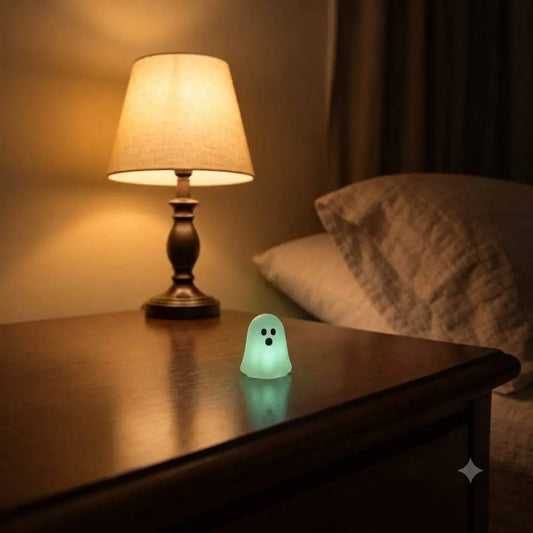 Miniature Glow Ghost Assorted (1pc) glowing on a bedside table