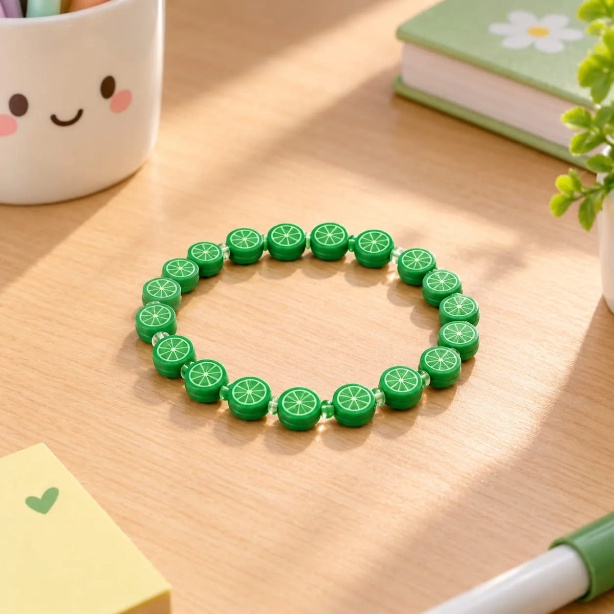 Miniature Polymer Clay Green Orange (10pcs) used to create a colorful bracelet