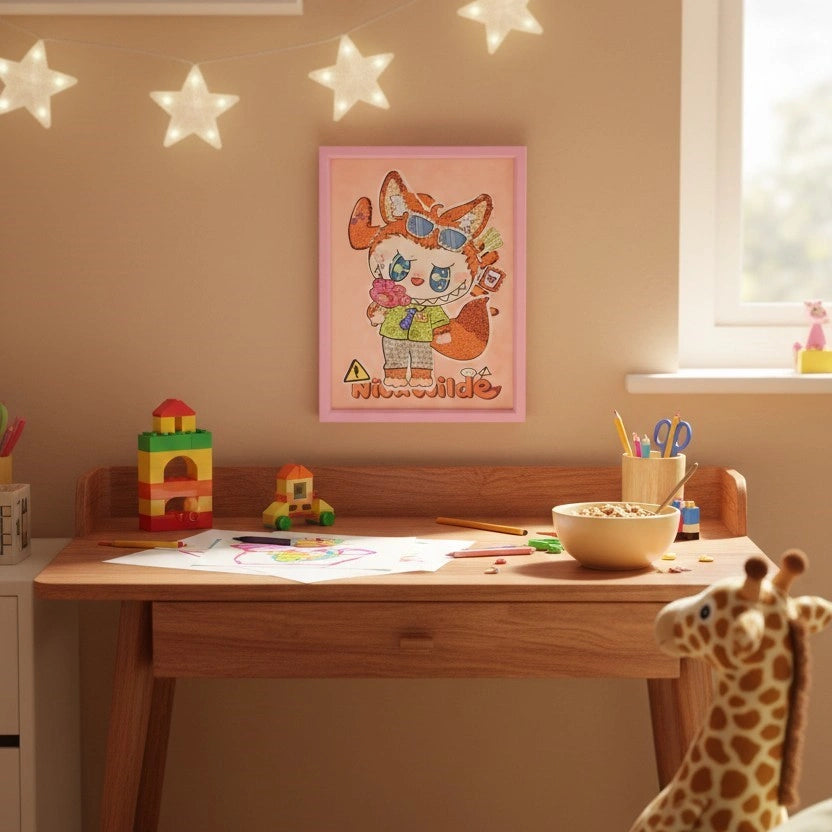 Labubu Rebel Diamond Art Painting Kit (1Pc) over the desk wall.