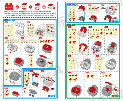 Step-by-step building instructions for a toy structure with red and gray components.