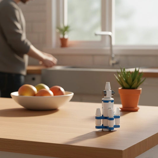 Multi Stage Space Rocket Building Block (1Pc) on the kitchen table.