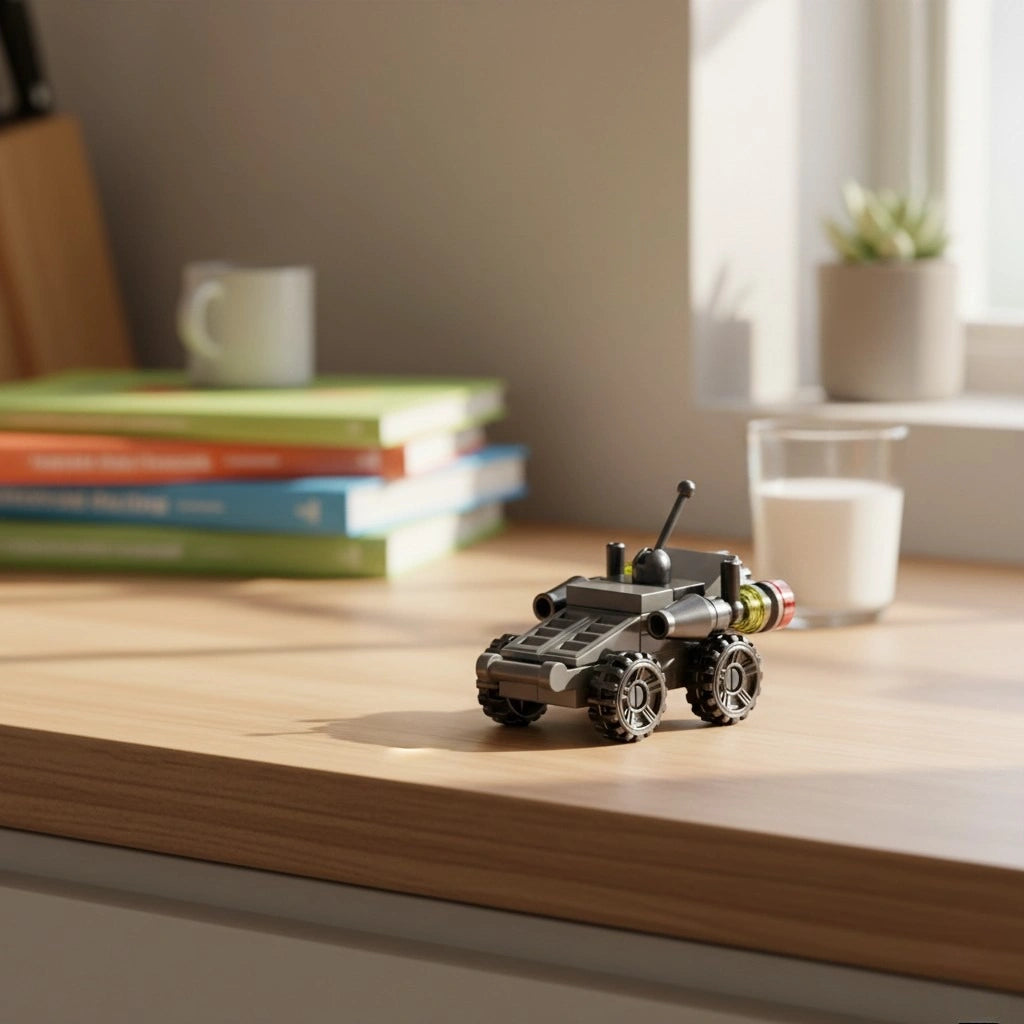 Armored Vehicle Building Block (1Pc) on the side of the desk.