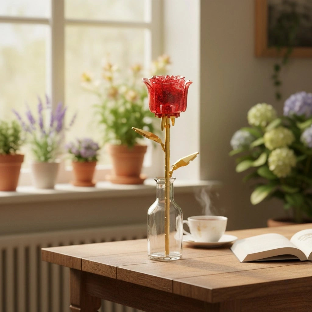 Crystal Red Rose Flower Building Block (1Pc) kept in the mini glass bottle.