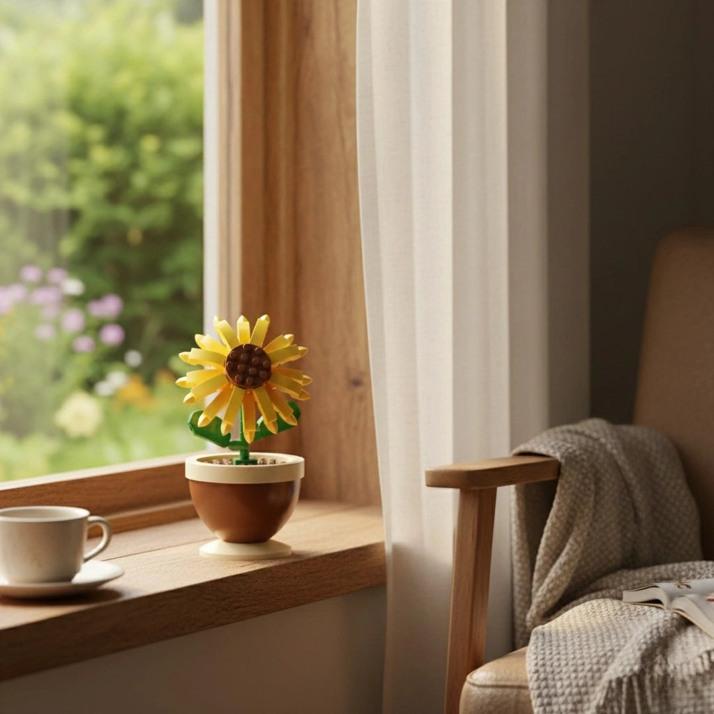 Golden Sunflower Pot Flower Building Block (1Pc) on the side of the window .