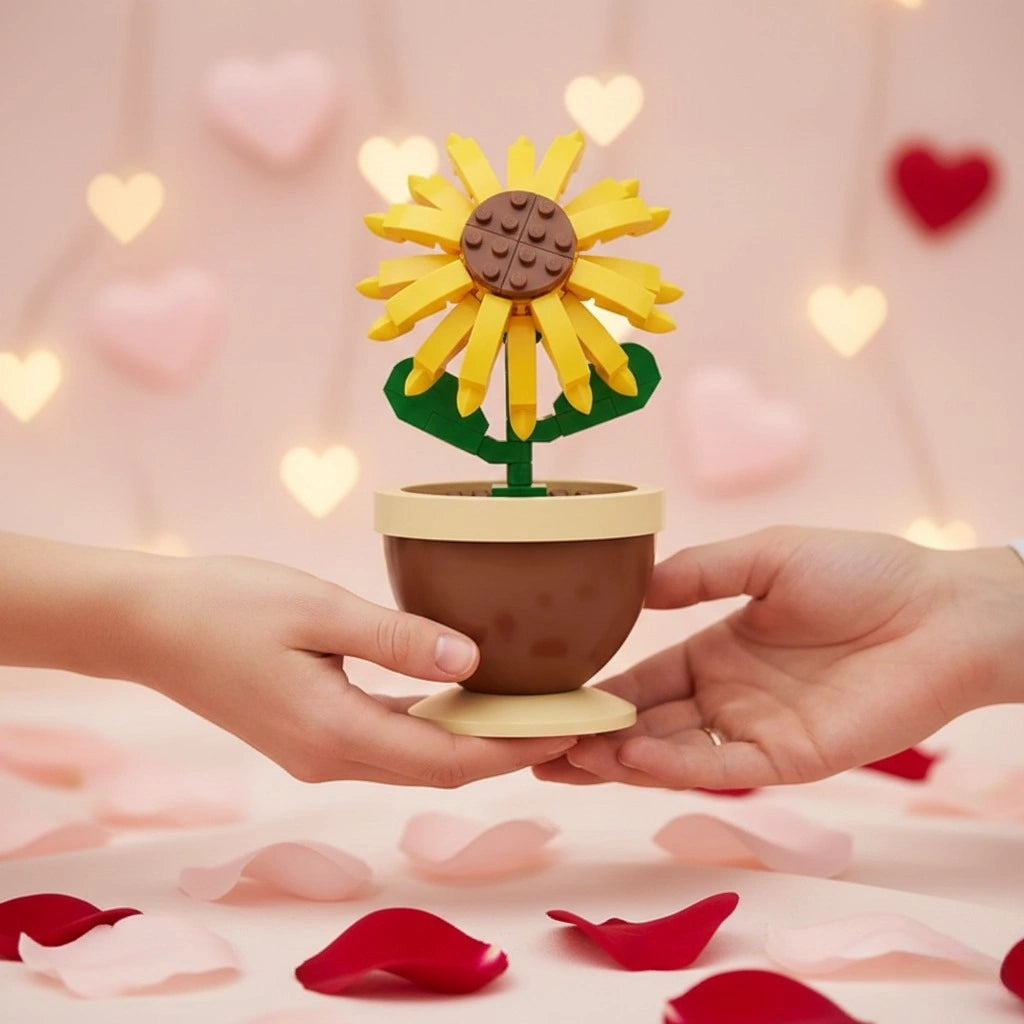 Holding Golden Sunflower Pot Flower Building Block (1Pc) figure shown in the screen .