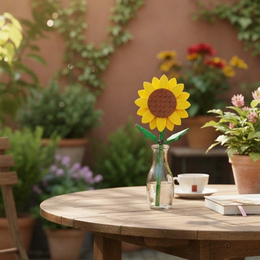 Sunflower Flower Building Block (1Pc) kept on the outside garden table in the sunny weather.