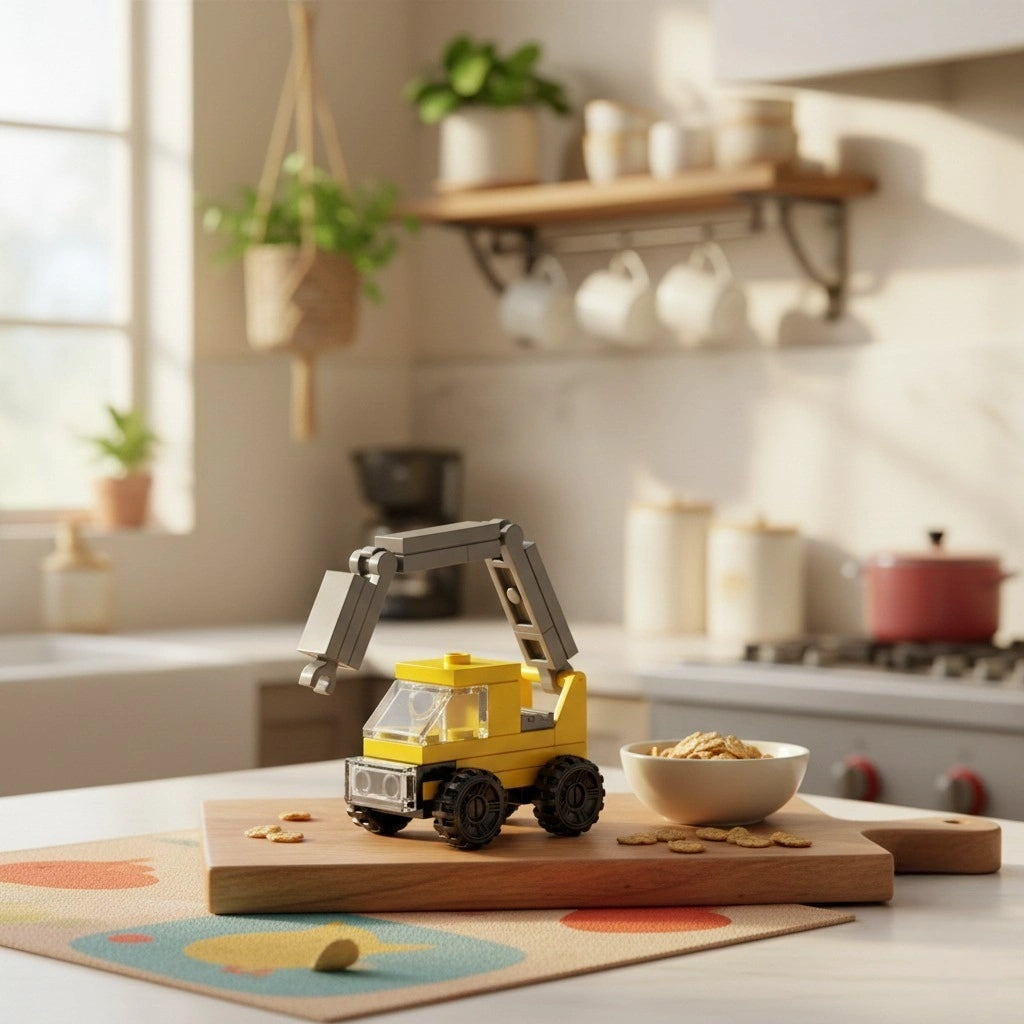 Concrete Pump Truck Building Block (1Pc) on the kitchen table.