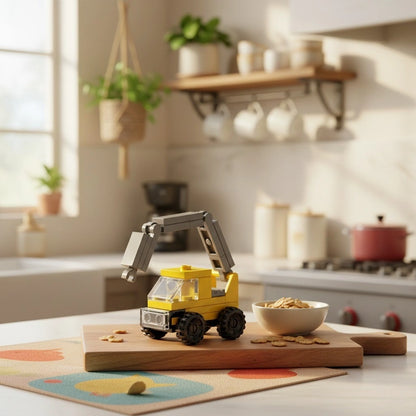 Concrete Pump Truck Building Block (1Pc) on the kitchen table.