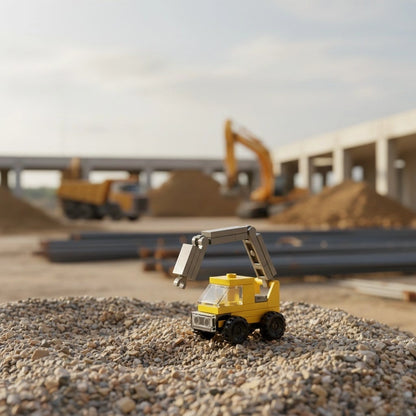 Concrete Pump Truck Building Block (1Pc) with construction field background.