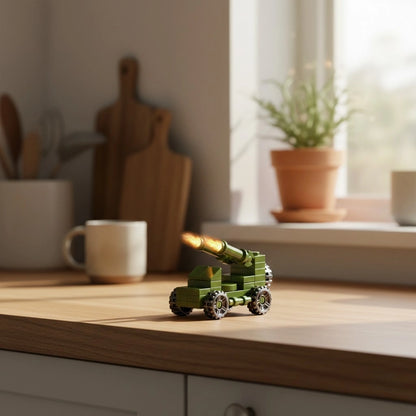 Artillery Tank Building Block (1Pc) on the kitchen table.