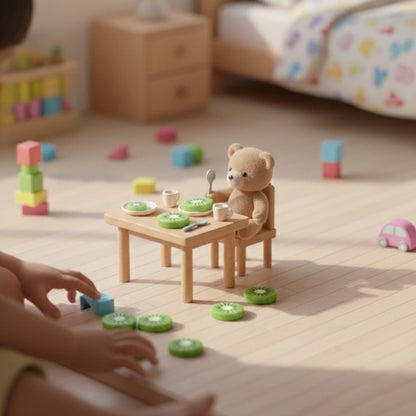 Miniature Polymer Clay Kiwi in child's playroom.