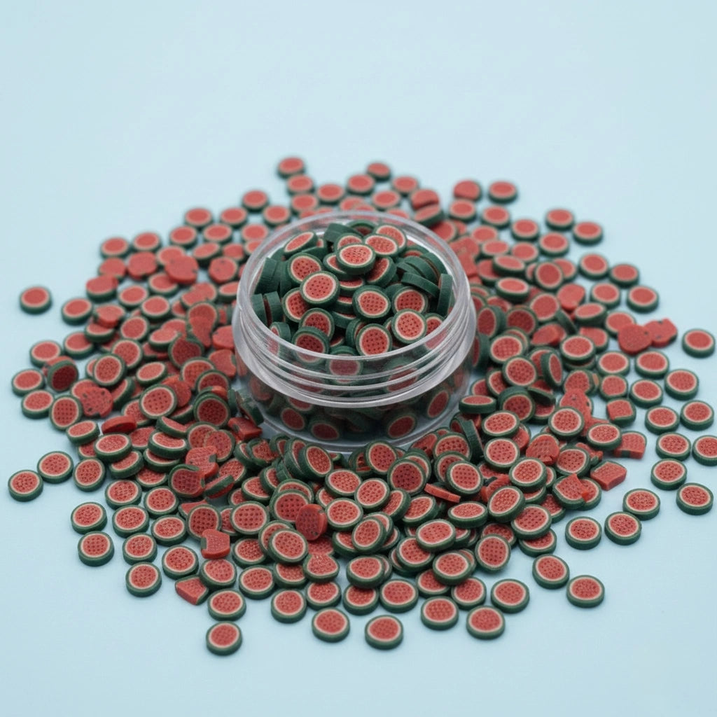 Miniature Polymer Clay Full Watermelon Slice (10pcs) on the blue background.
