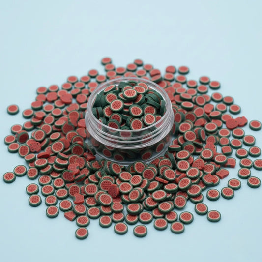 Miniature Polymer Clay Full Watermelon Slice (10pcs) on the blue background.