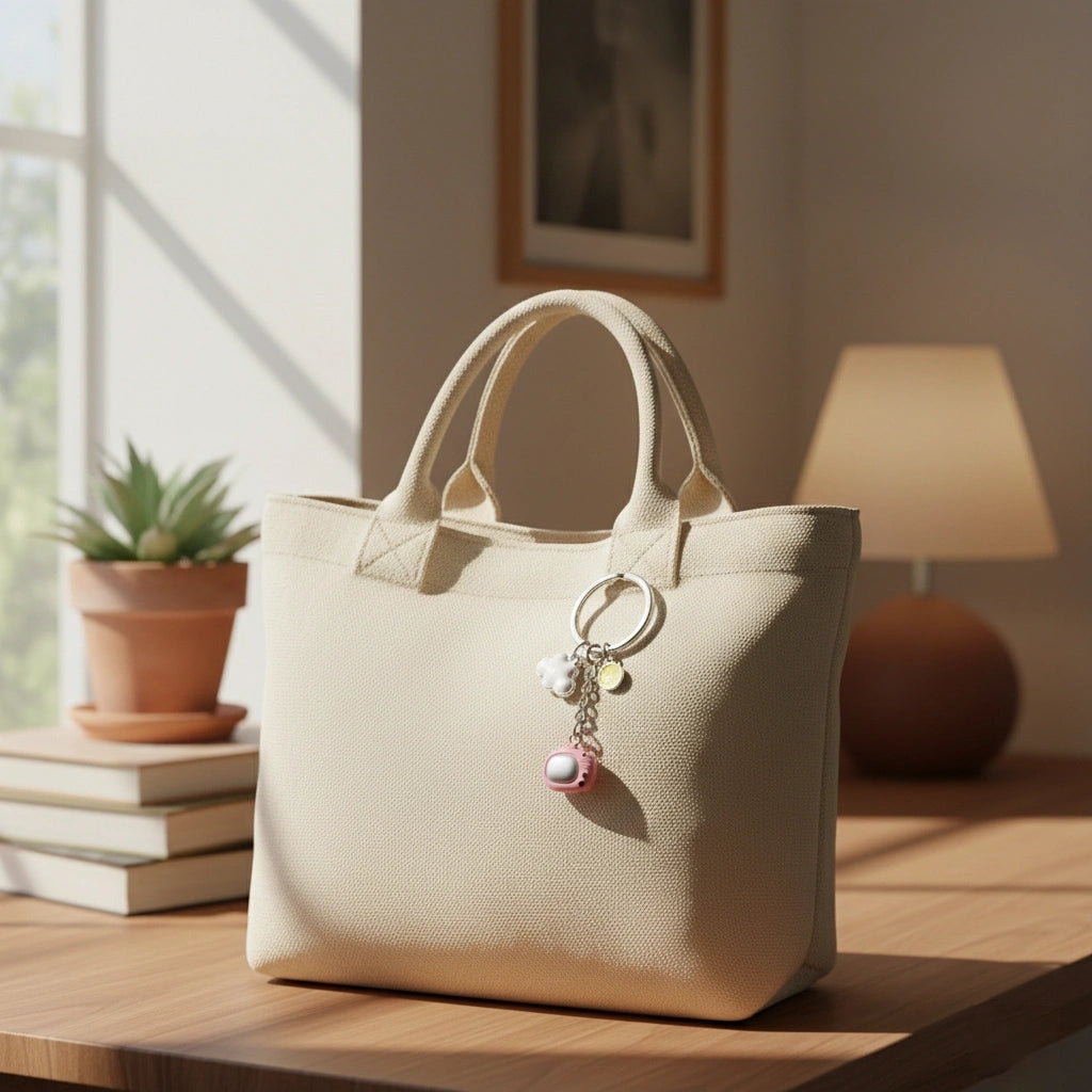 Miniature Toy TV figure used as a keychain on the side of the bag.