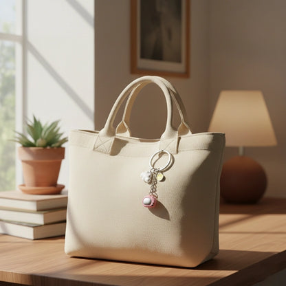 Miniature Toy TV figure used as a keychain on the side of the bag.