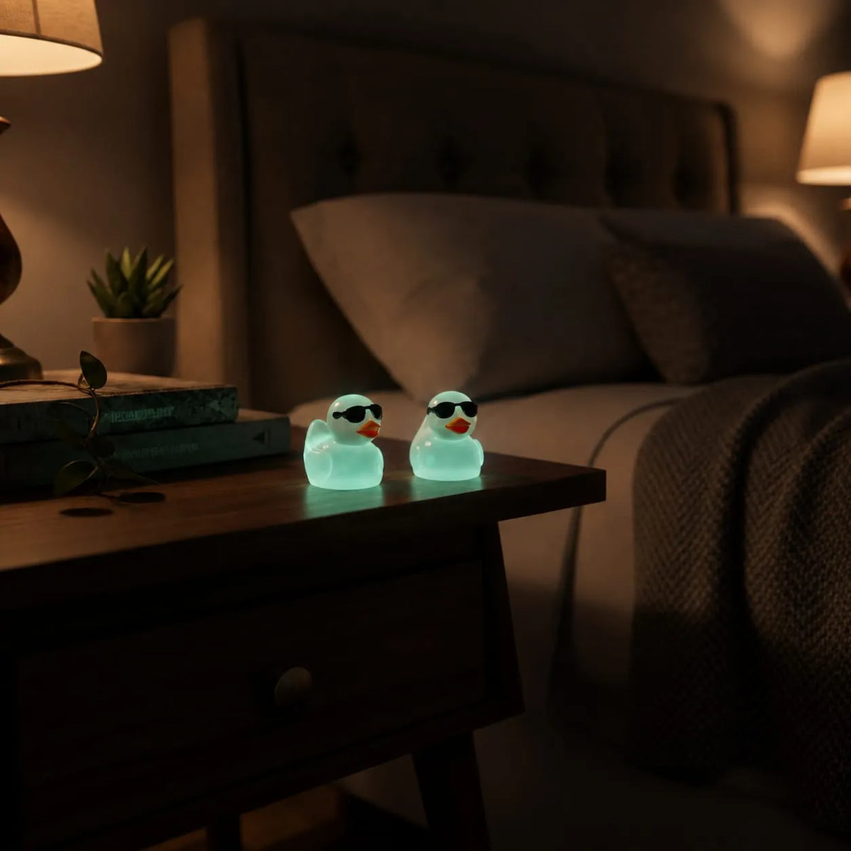 Miniature Glow Mini Duck Assorted (1pc) glowing on a bedside table