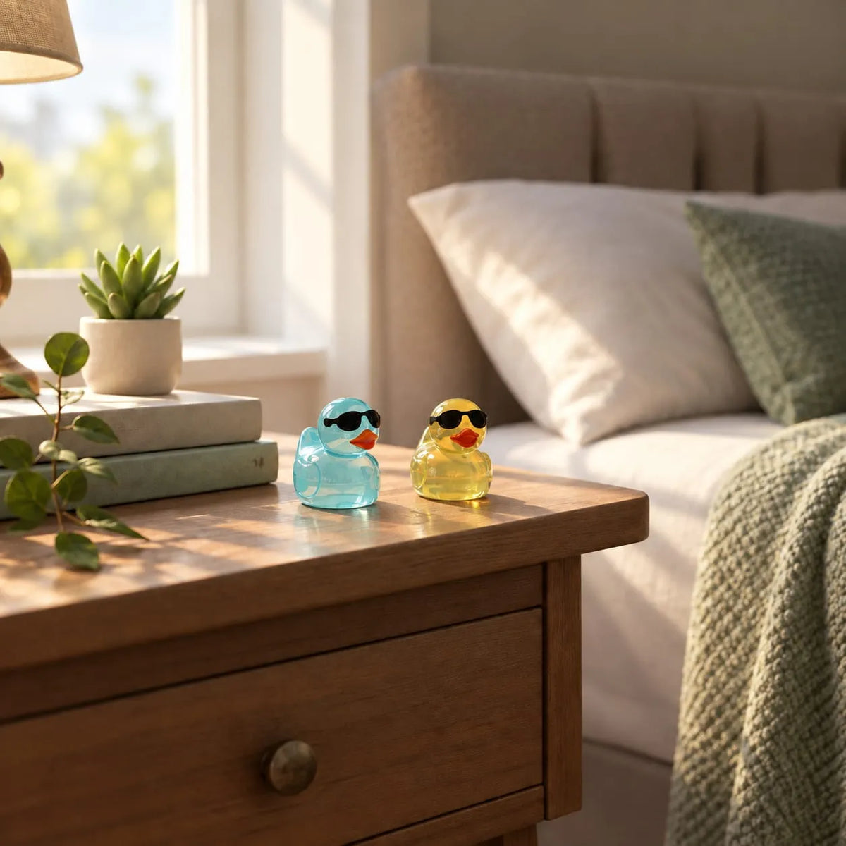 Miniature Glow Mini Duck Assorted (1pc) displayed on a wooden bedside table near a window