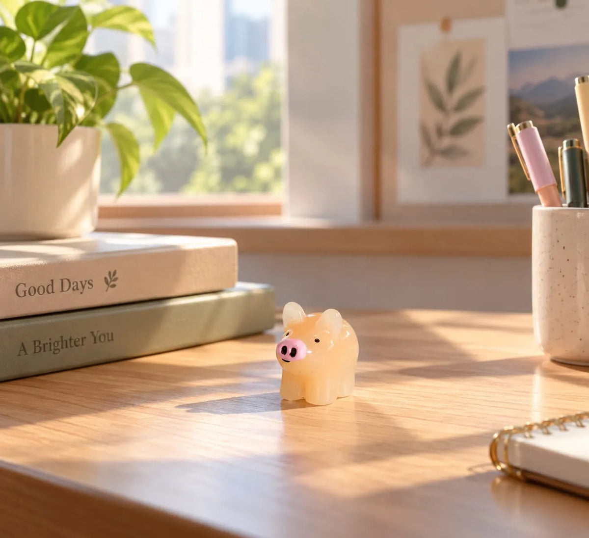 Miniature Glow Mini Pig Assorted (1pc) displayed on a wooden desk near a window