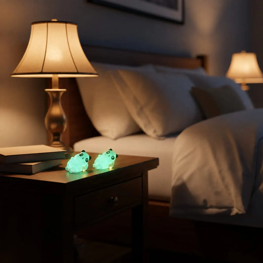 Miniature Glow Little Panda Assorted (1pc) glowing on a bedside table in a dimly lit room