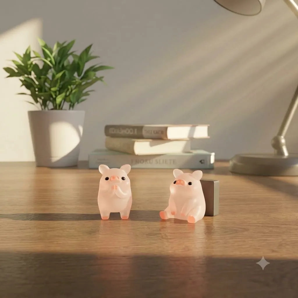 Miniature Glow Pink Yoga Pig Assorted (1pc) displayed on a wooden table with other miniatures