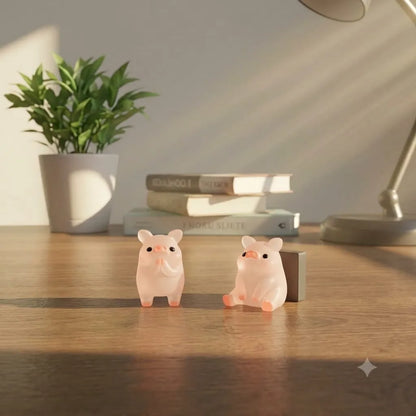 Miniature Glow Pink Yoga Pig Assorted (1pc) displayed on a wooden table with other miniatures