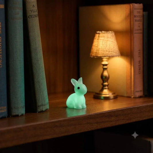 Miniature Glow Rabbit Assorted (1pc) glowing on a wooden shelf