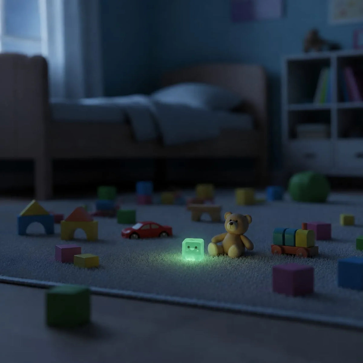 Miniature Glow Square Animal Assorted (1pc) glowing in a dark room with other miniatures