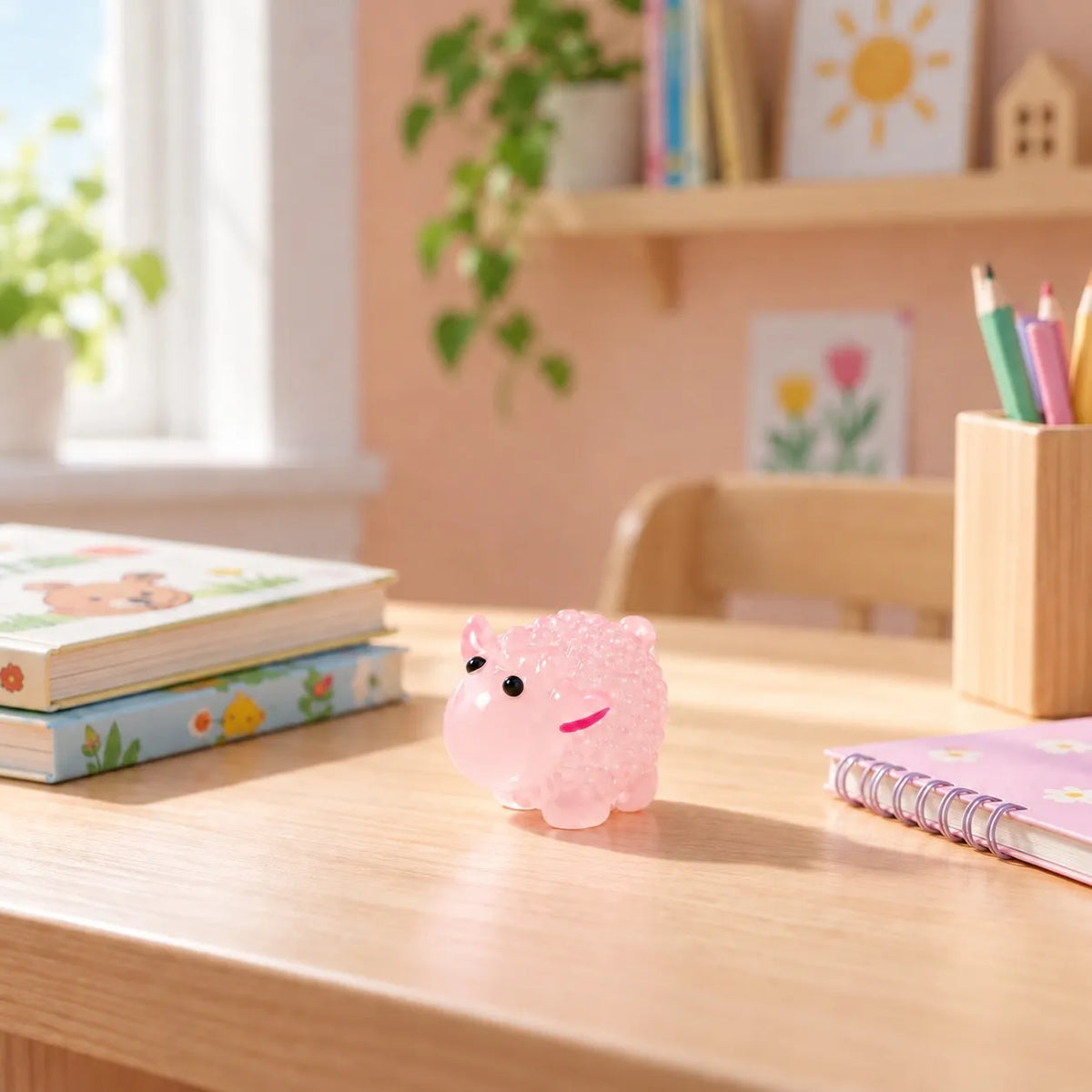 Miniature Glow Sheep Assorted (1pc) displayed on a wooden table near a window
