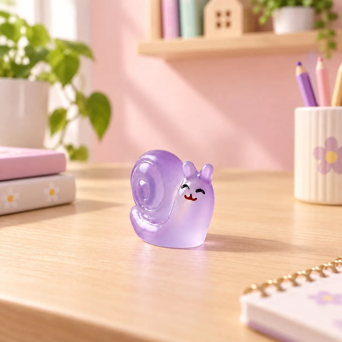 Miniature Glow Snail Assorted (1pc) displayed on a desk with stationery
