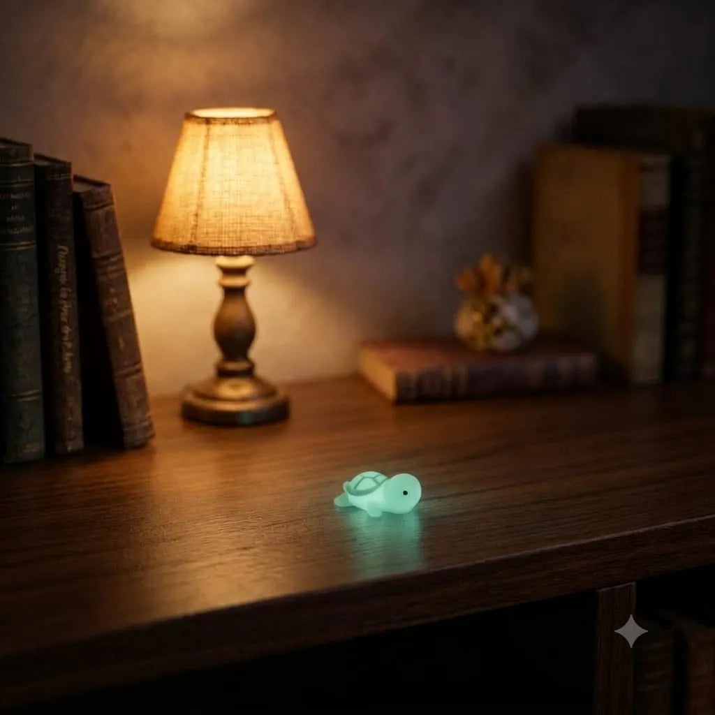 Miniature Glow Turtle Assorted (1pc) glowing on a wooden table in a dark setting