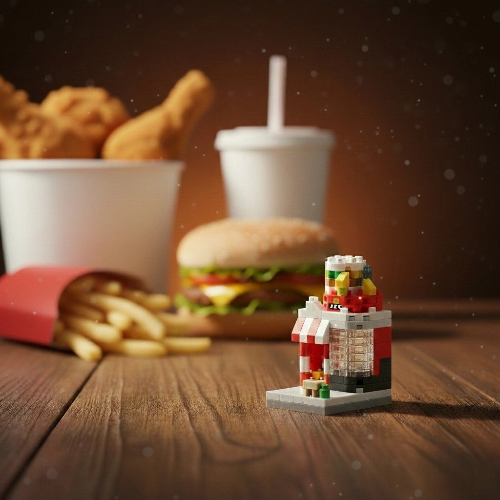 Urban Burger Corner Shop Building Block (1Pc) displayed beside a burger and drink.