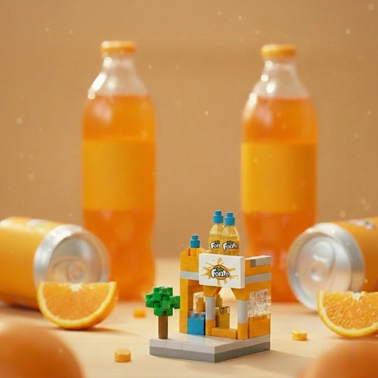 Sunny Juice Bar Street Shop Building Block (1Pc) with orange juice bottles in the background.