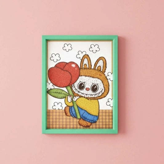 Labubu Rose Diamond Art Painting Kit (1Pc) on the pink background.
